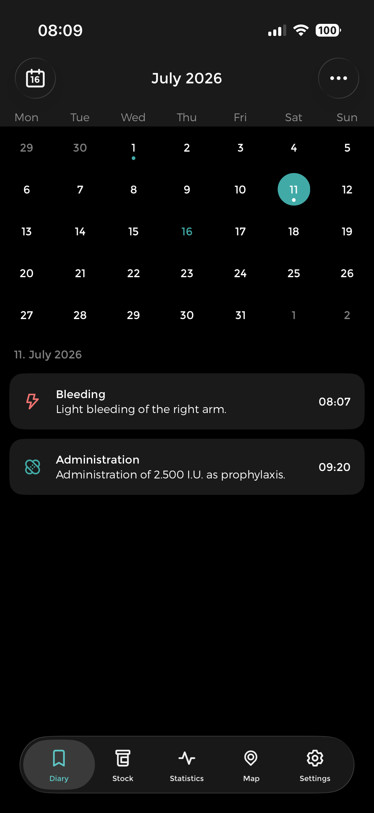 The Bleeder app showing a July calendar with a bleeding and an administration logged on the selected day.