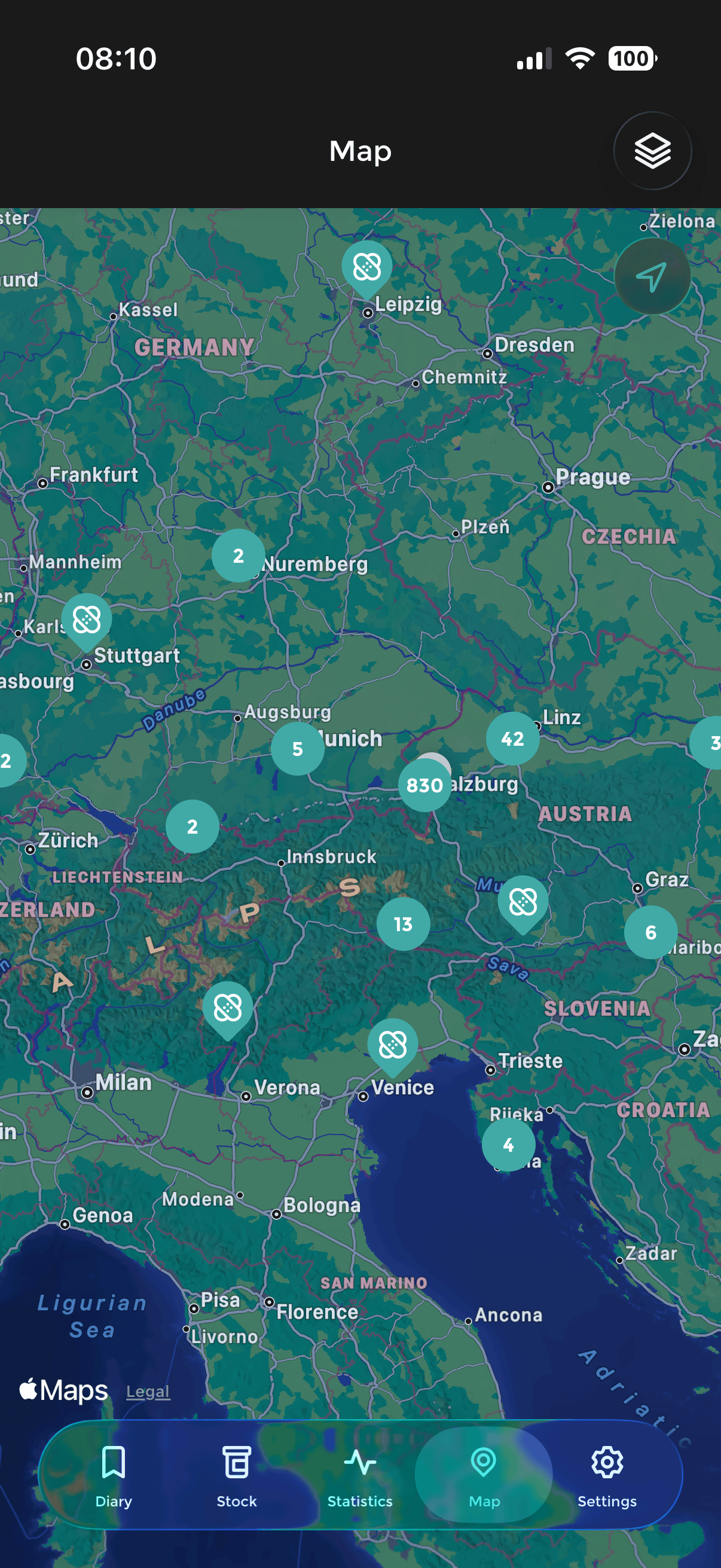 Map of central Europe with clustered pins showing where bleedings and administrations were logged.
