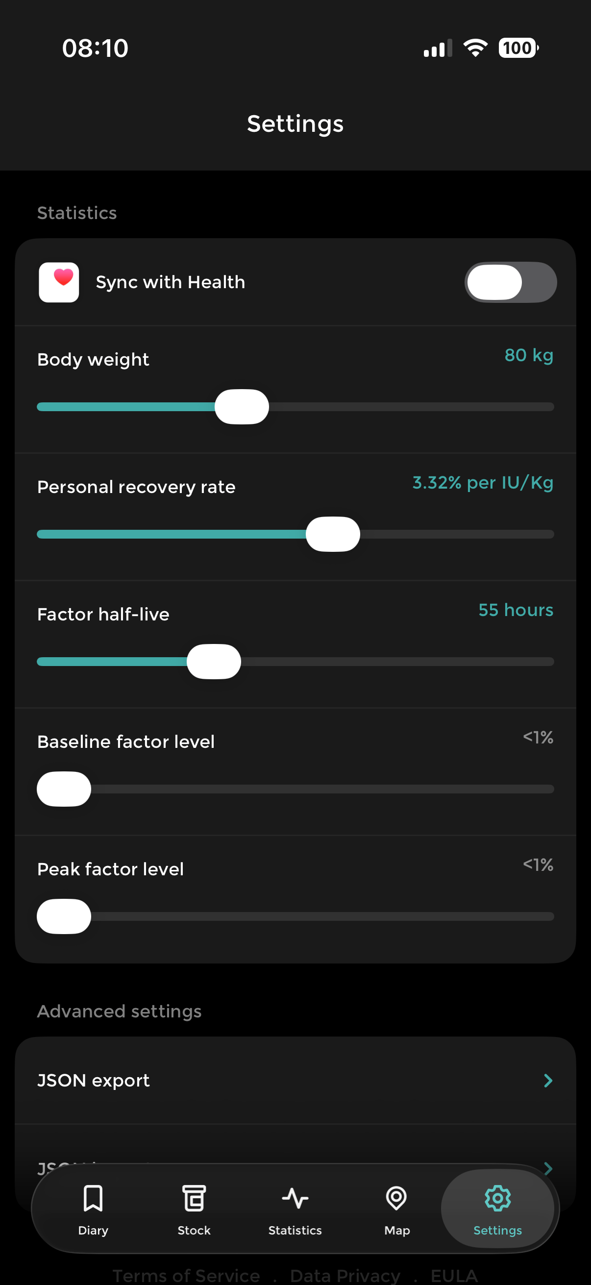 Settings screen with sliders for body weight, personal recovery rate, factor half-life, baseline and peak factor levels, plus Health sync and JSON export.