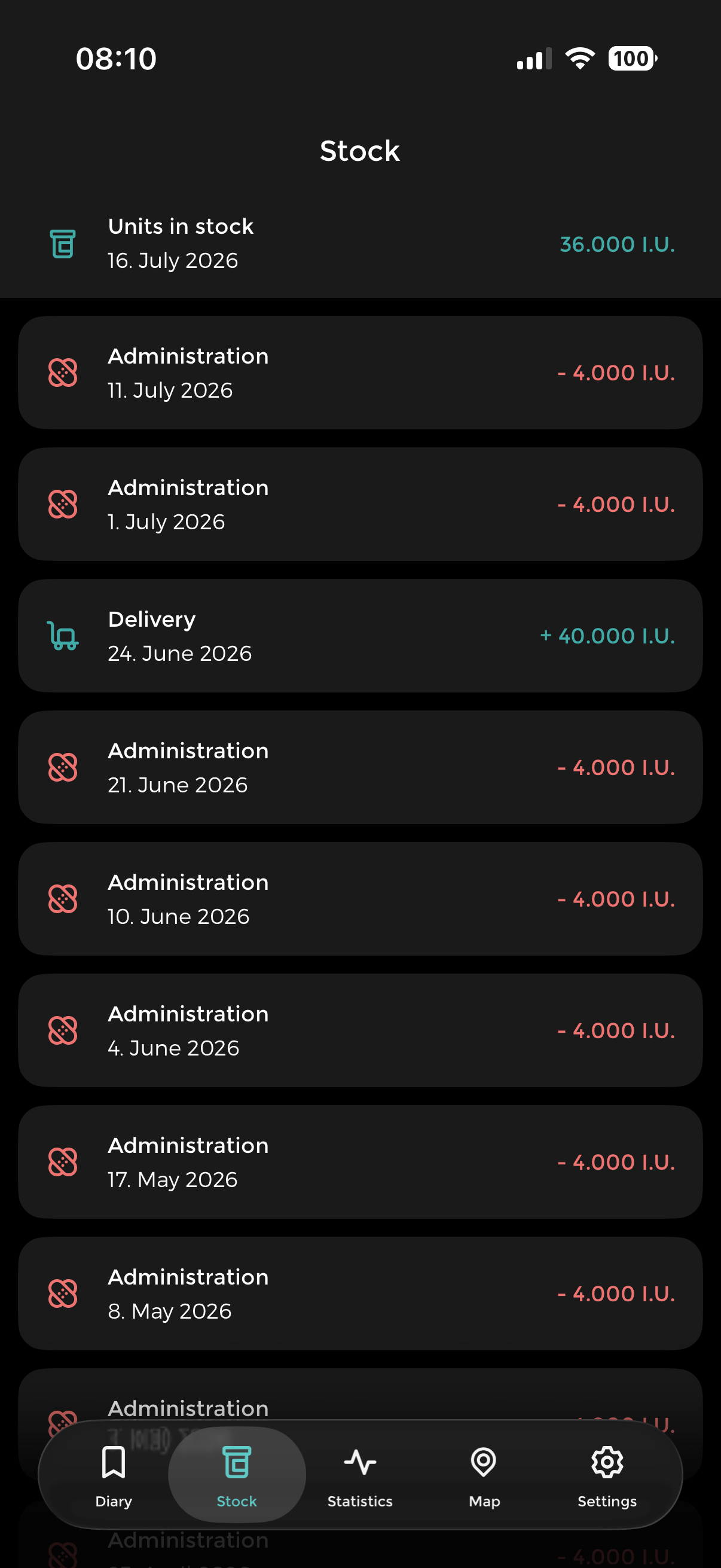 Stock screen showing 36,000 I.U. in stock with a history of administrations subtracting units and a delivery adding 40,000 I.U.